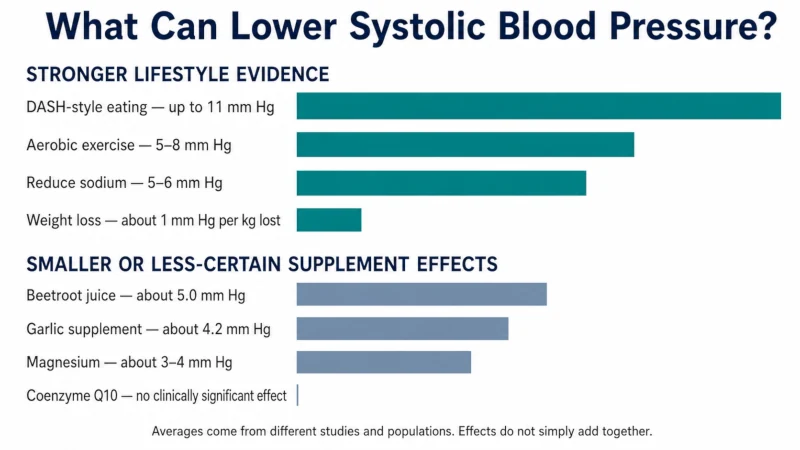 Comparison of typical systolic blood pressure reductions from DASH-style eating, exercise, sodium reduction, weight loss, beetroot juice, garlic, magnesium and CoQ10