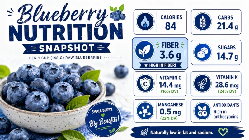 health benefits of Blueberries nutrition snapshot with fiber and key nutrients