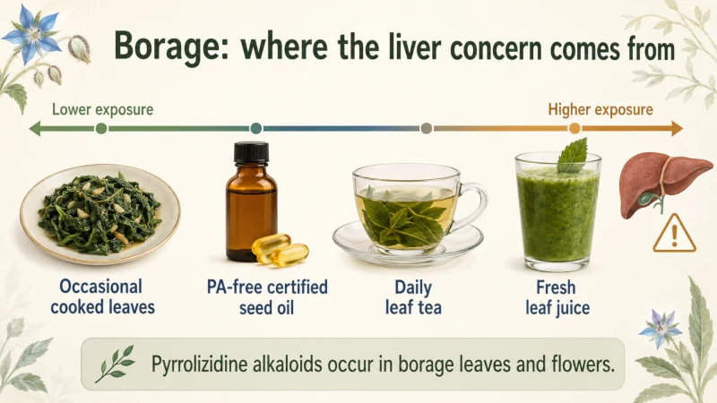Borage safety diagram comparing occasional cooked leaves and PA-free seed oil with repeated borage leaf tea and fresh leaf juice.