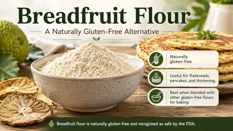 Bowl of fine breadfruit flour next to dried breadfruit slices on a wooden surface.