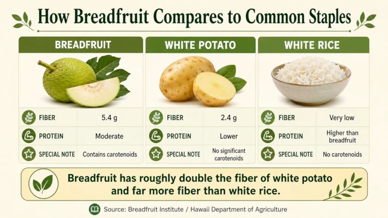 Bar chart comparing fiber, potassium, and protein content of breadfruit, white potato, and white rice per 100 grams.