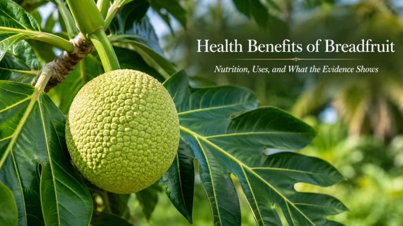 A mature green breadfruit growing on an Artocarpus altilis tree branch surrounded by broad, deeply lobed leaves.