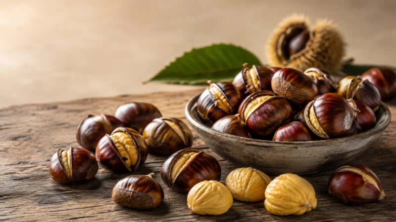 Roasted edible sweet chestnuts with peeled golden chestnut kernels and fresh chestnut leaves.