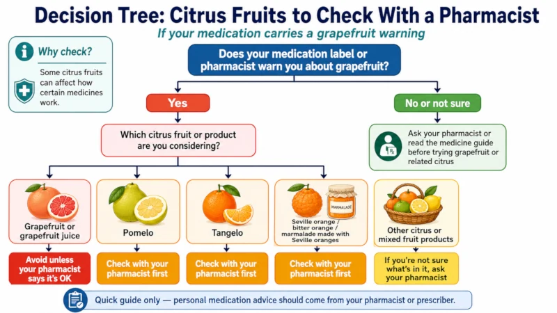 Decision tree showing which citrus fruits to check with a pharmacist if your medication carries a grapefruit warning