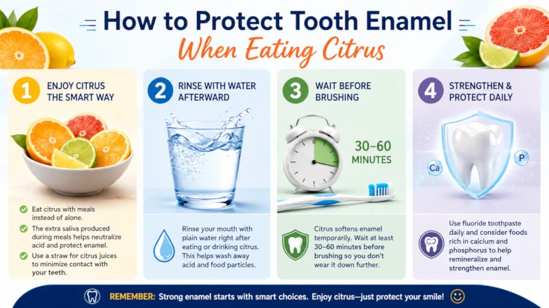 Four-step visual showing how to protect tooth enamel when eating citrus