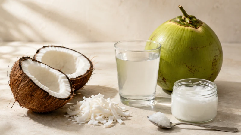 Fresh coconut meat, coconut water, and coconut oil arranged together to show the three commonly used forms of coconut.