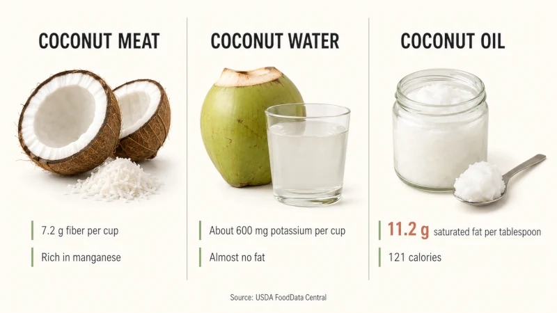 Visual comparison of coconut health benefits of the meat, coconut water, and coconut oil highlighting fiber and minerals in the meat, potassium in the water, and saturated fat in the oil.
