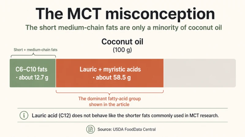 Diagram showing that short and medium-chain C6 to C10 fats make up about 12.7 grams per 100 grams of coconut oil while lauric and myristic acids account for about 58.5 grams.