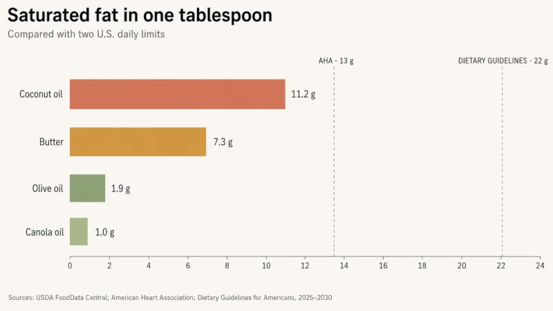 Bar chart showing 11.2 grams of saturated fat in a tablespoon of coconut oil compared with butter, olive oil, and canola oil and daily saturated fat limits.