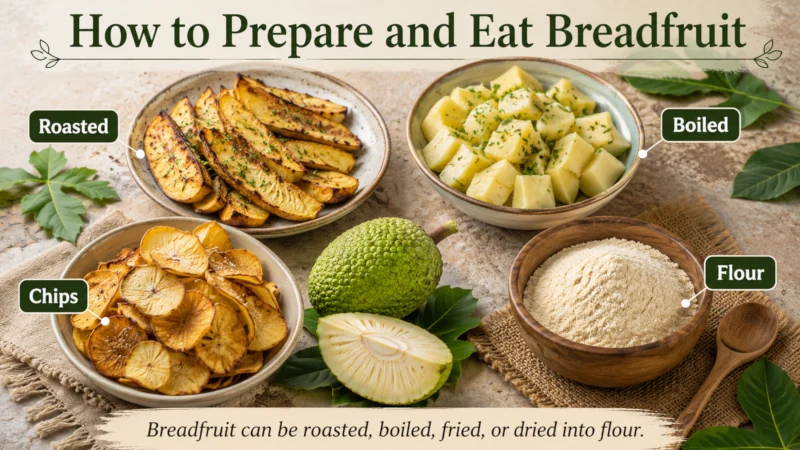 A plate showing roasted breadfruit slices alongside breadfruit flour and chips. 