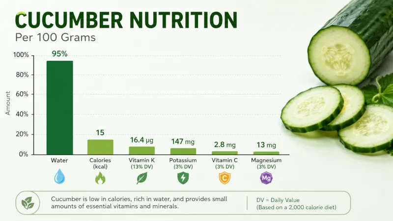 Bar chart showing cucumber nutrition per 100 grams: 15 calories, 95% water, vitamin K, potassium, and small amounts of vitamin C and magnesium.