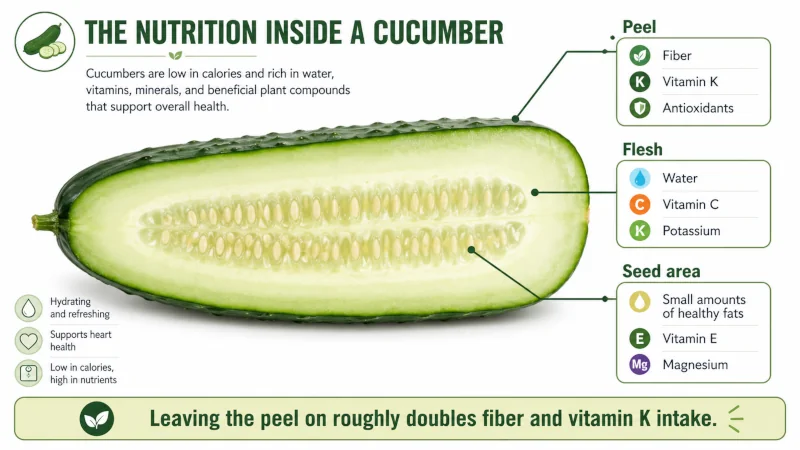 Cross-section diagram of a cucumber labeling the peel, flesh, and seed area with the main nutrients found in each." Caption: "Leaving the peel on roughly doubles fiber and vitamin K intake.