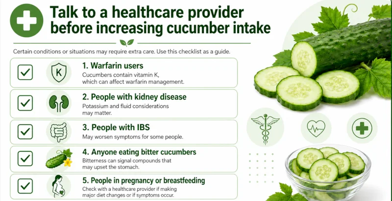 Checklist graphic listing five groups who should talk to a healthcare provider before increasing cucumber intake: warfarin users, people with kidney disease, people with IBS, anyone eating bitter cucumbers, and people in pregnancy or breastfeeding.