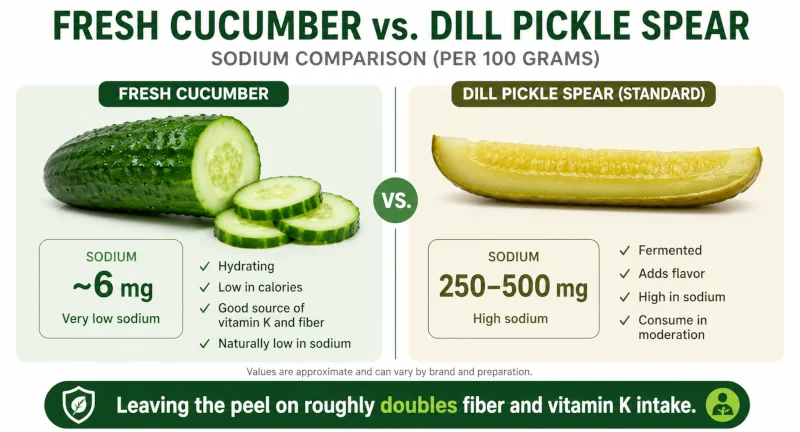 Side-by-side comparison showing about 6 mg of sodium in a fresh cucumber serving versus 250 to 500 mg in a standard dill pickle spear.
