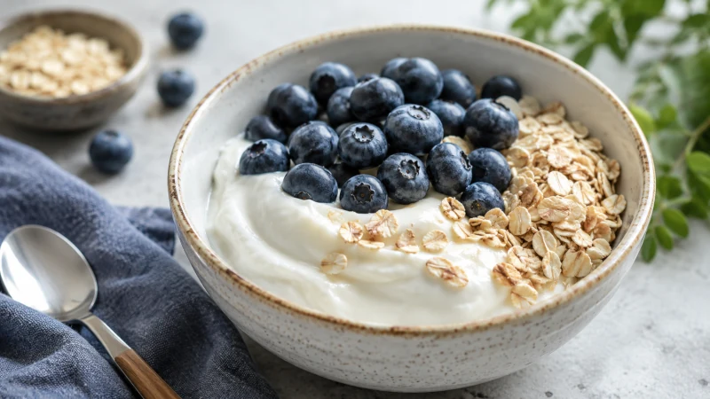 Bowl of fresh blueberries with yogurt and oats