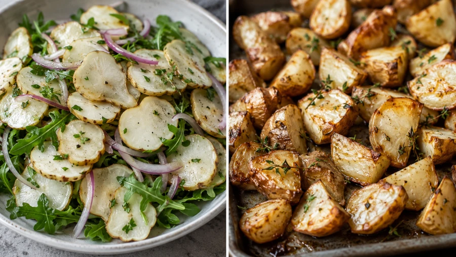 Jerusalem artichokes sliced raw for salad and roasted as a side dish.