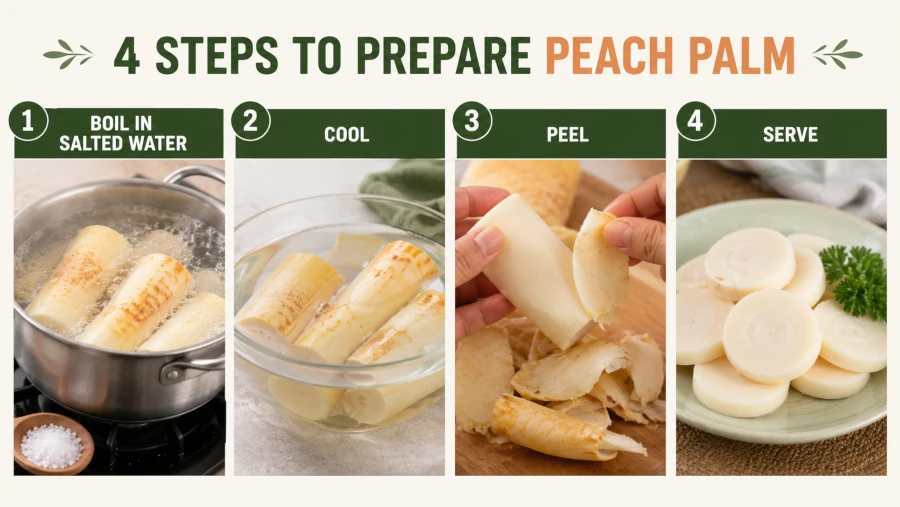 Four steps to prepare peach palm: boil in salted water, cool, peel, and serve.