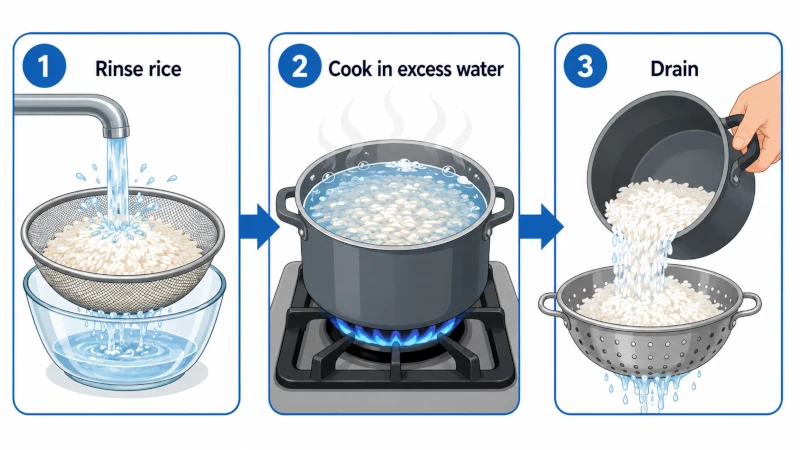 Three-step diagram: rinse rice, cook in excess water, drain.