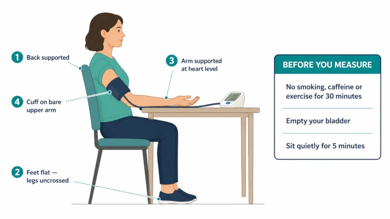 Correct home blood pressure measurement posture with back supported, feet flat, arm at heart level and upper-arm cuff on bare skin