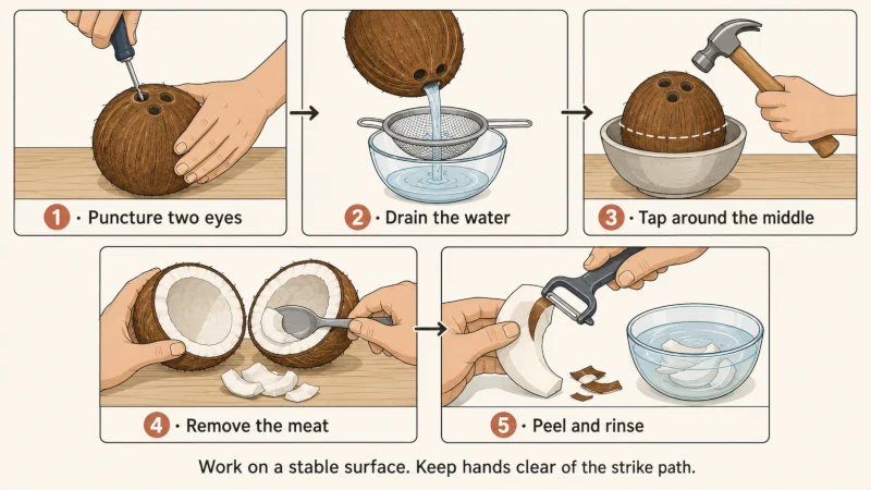 Five-step illustration showing how to puncture a coconut, drain the water, tap around the shell, remove the meat, and peel the brown skin.