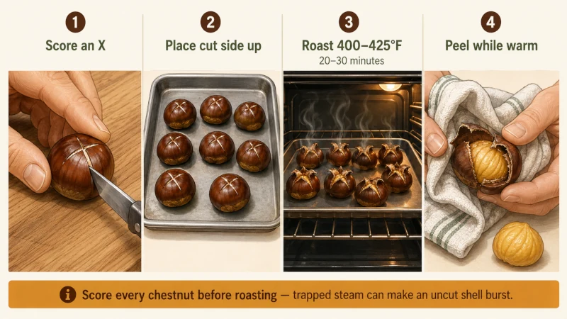 Four-step illustration demonstrating how to score chestnuts, arrange them on a baking sheet, roast them, and peel them while warm.