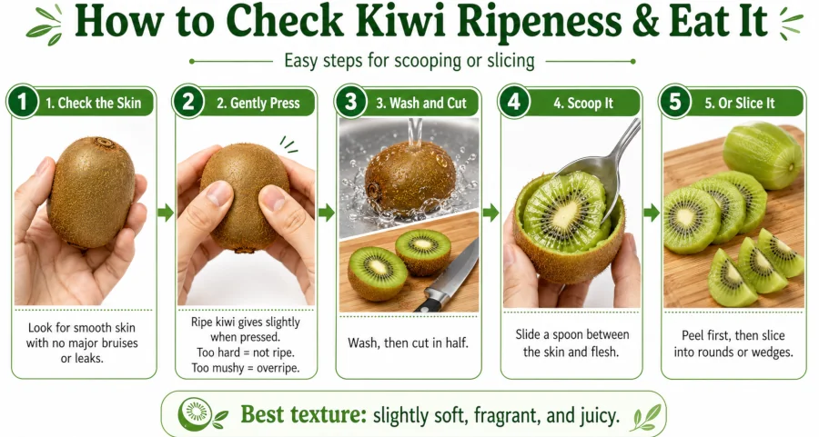 Step-by-step illustration of checking kiwi ripeness and scooping or slicing it.