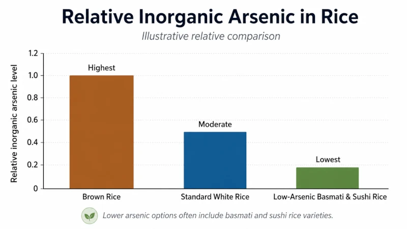 Chart showing relative inorganic arsenic in brown rice, standard white rice, and low-arsenic basmati and sushi rice.