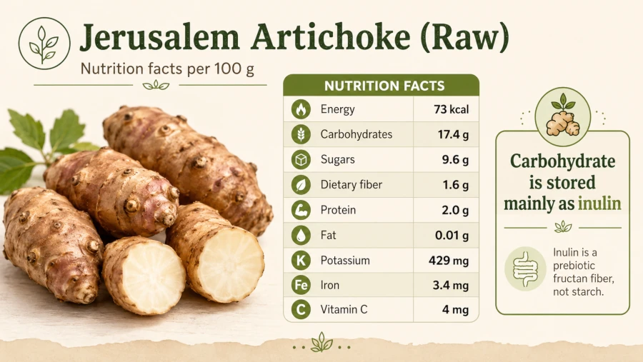 Nutrition facts for 100 grams of raw Jerusalem artichoke, showing carbohydrate stored mainly as inulin.