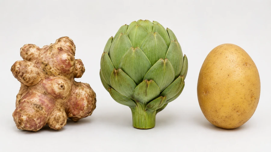 Side-by-side of a knobby Jerusalem artichoke tuber, a globe artichoke bud, and a potato.