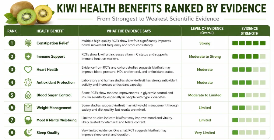 Chart ranking kiwi health benefits by evidence: constipation relief strongest, sleep weakest.