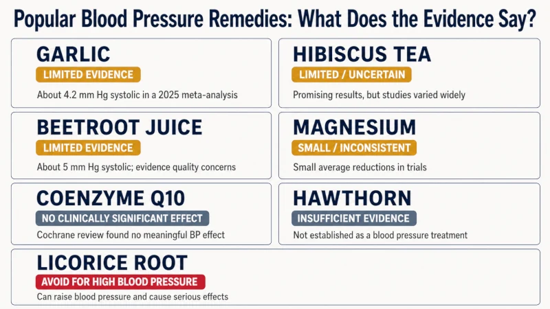 Evidence summary for popular blood pressure remedies showing limited evidence for garlic, hibiscus and beetroot, inconsistent evidence for magnesium, no significant effect for CoQ10, insufficient evidence for hawthorn and avoid for licorice