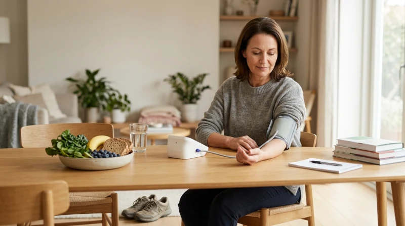Person checking blood pressure at home beside heart-healthy foods, illustrating natural ways to manage high blood pressure