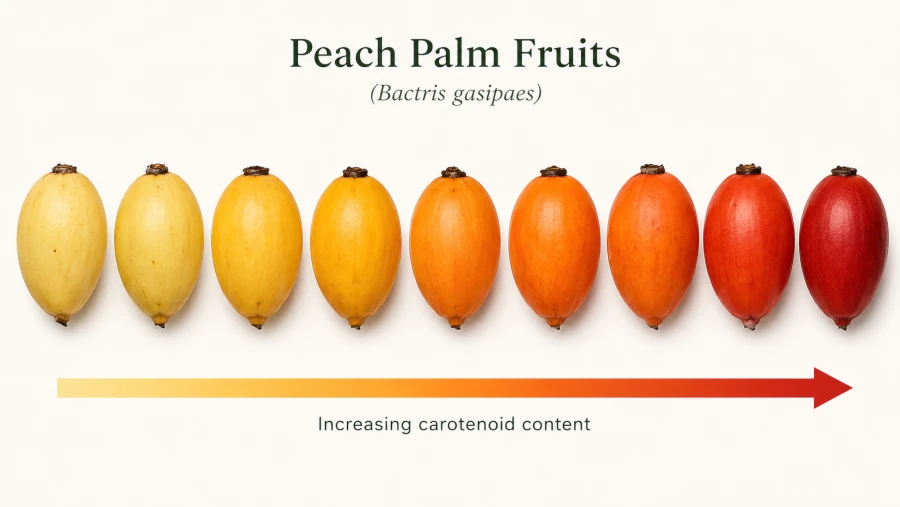 Peach palm fruits from yellow to deep red illustrating increasing carotenoid content.