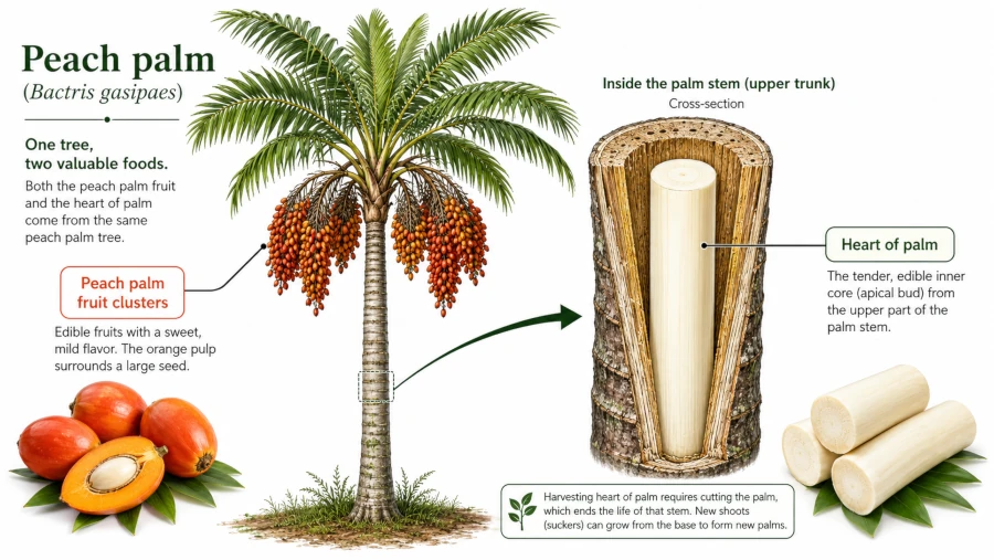 Diagram showing peach palm fruit clusters and heart of palm from the same palm tree.