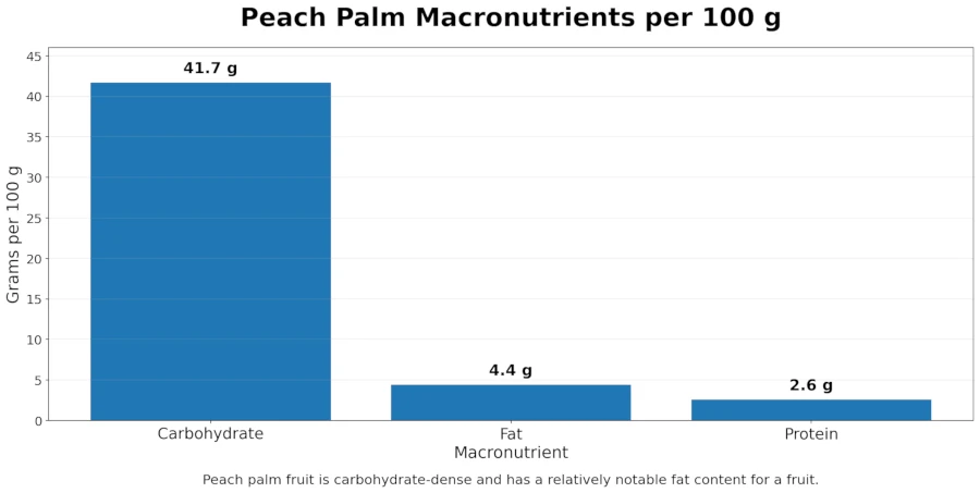 Bar chart of peach palm macronutrients per 100 grams showing high carbohydrate and fat.
