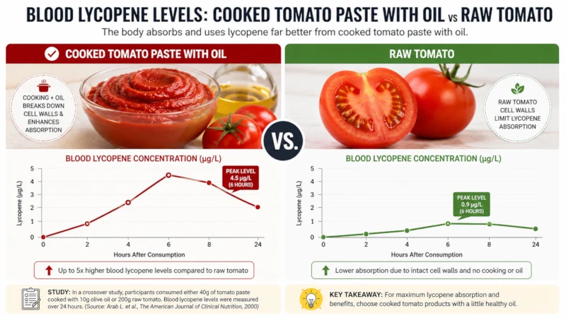 Comparison graphic showing the health benefits of tomatoes with higher blood lycopene levels after eating cooked tomato paste with oil versus raw tomato