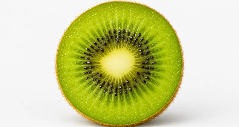 Cross-section of a ripe green kiwi showing bright green flesh and rows of small black seeds