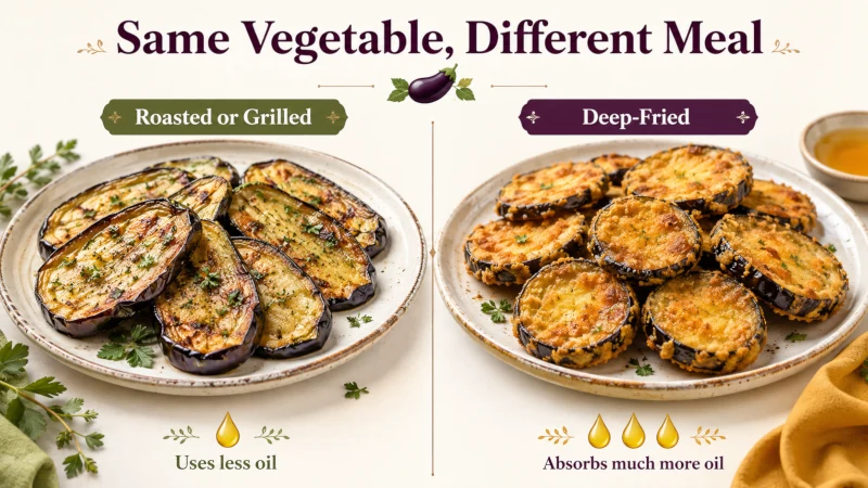 Side-by-side comparison of lightly roasted eggplant and oil-absorbing deep-fried eggplant