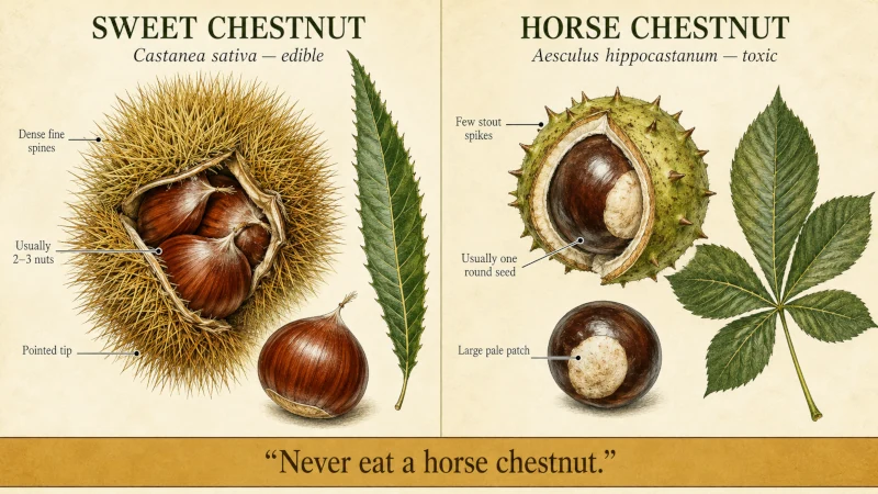 Botanical comparison of an edible sweet chestnut and its densely spined burr with a toxic horse chestnut and sparsely spiked husk.