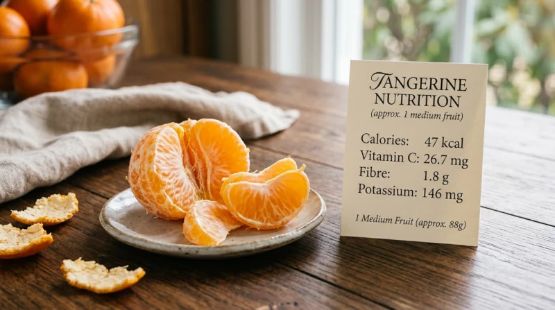 Peeled tangerine beside a card listing its calories, vitamin C, fibre and potassium per medium fruit