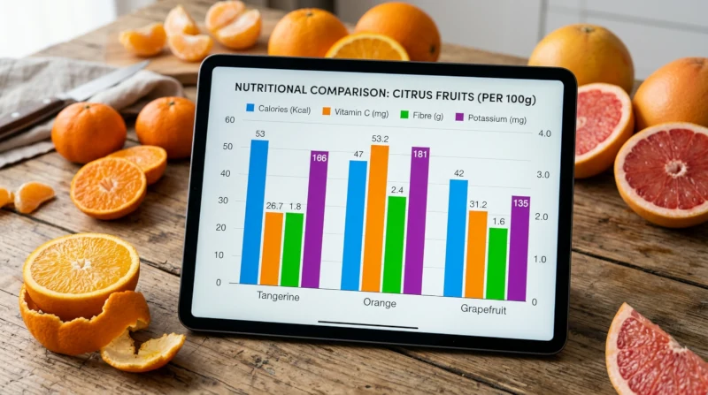 Bar chart comparing calories, vitamin C, fibre and potassium in tangerine, orange and grapefruit per 100 grams