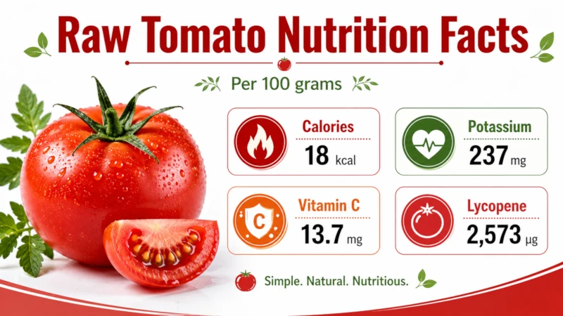 Nutrition facts chart for raw tomatoes showing calories, potassium, vitamin C, and lycopene per 100 grams