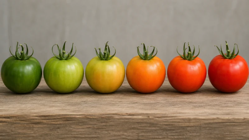 Photo sequence of a tomato ripening from green to fully red