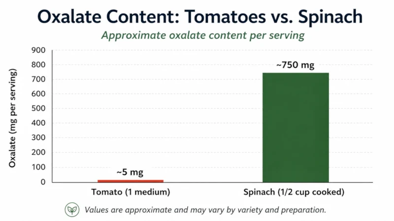 Bar chart comparing oxalate content of tomatoes and spinach per serving