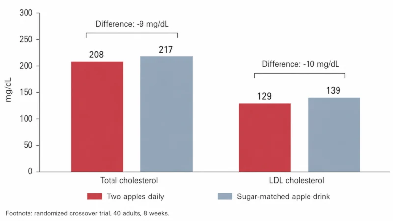 Chart showing total and LDL cholesterol after eight weeks of two apples daily compared with a sugar-matched apple drink