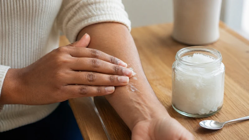 Person applying a small amount of virgin coconut oil to dry skin on the forearm as a topical moisturizer.