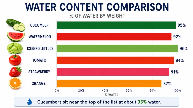 Horizontal bar chart comparing the water content of cucumber, watermelon, iceberg lettuce, tomato, strawberry, and orange." Caption: "Cucumbers sit near the top of the list at about 95% water.