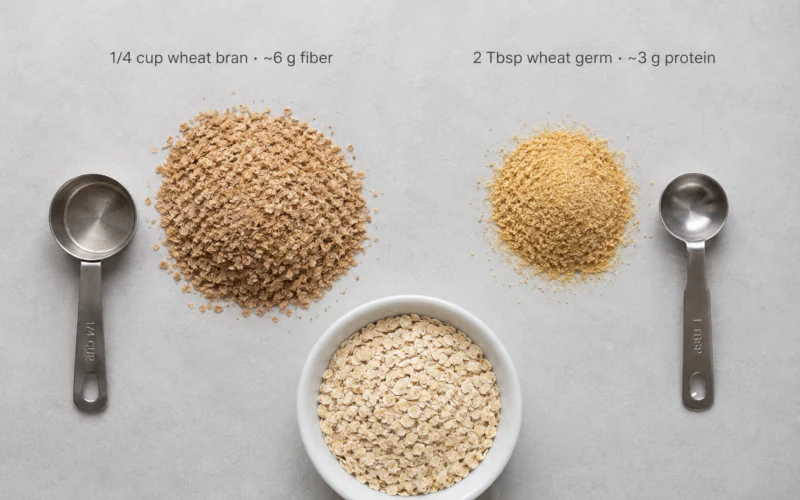 Overhead photo of a quarter cup of wheat bran beside two tablespoons of wheat germ on a light surface with labeled amounts