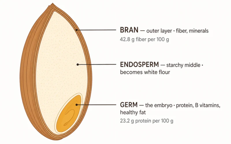 Cross-section diagram of a wheat kernel showing the bran outer layer, the starchy endosperm, and the germ at the base
