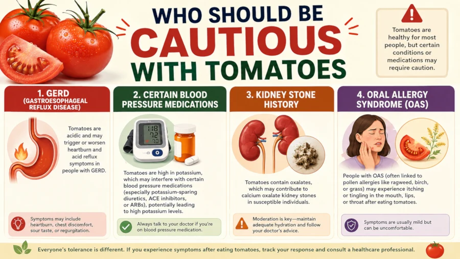 Infographic listing who should be cautious with tomatoes: GERD, certain blood pressure medications, kidney stone history, oral allergy syndrome